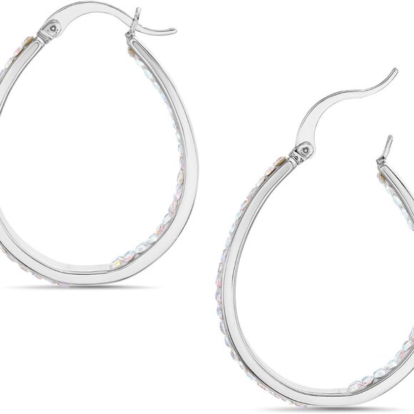 Oval Inside Outside Hoop Earrings for Women Faceted Sparkle Crystals - Picture 5 of 7